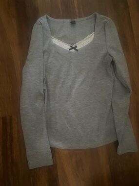 Gray Long Sleeve Top with Lace Detail